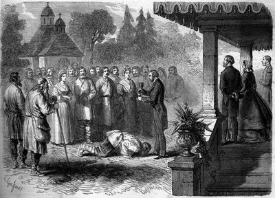 Russisch gebruik: ceremonie van emancipatie van een lijfeigene. Als teken van onderwerping kust de bevrijde lijfeigene de voeten van zijn heer, die zichzelf een glas aardappelbrandewijn inschenkt. Gravure in 