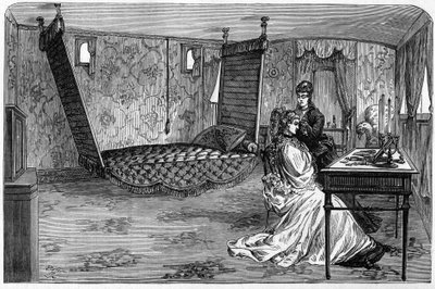 Russische keizerlijke trein gebruikt door de Hertog en Hertogin van Edinburgh in 1874: de slaapwagon. Gravure in 