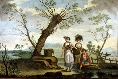 Rustiek landschap met wasvrouwen en een boer door French School