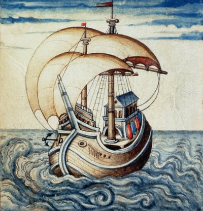 Zeilschip, uit Theatre des Vices et Vertus, door Jan van der Noot (ca.1539-95) door French School