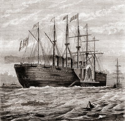 SS Great Eastern, ijzeren zeil-stoomschip ontworpen door Isambard Kingdom Brunel, uit Les Merveilles de la Science, gepubliceerd ca. 1870 door French School
