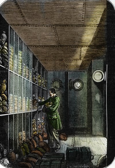 Kluis van de Banque de France in Parijs (gekleurde gravure) door French School