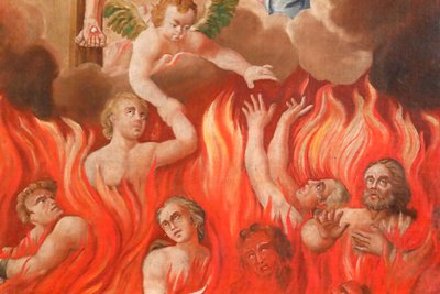 Saint-Nicolas de Veroce kerk. Laatste oordeel: de hel. Een groep van de geredden. Schilderij. Frankrijk. door French School
