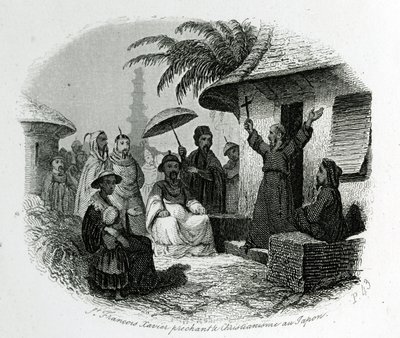 Sint Francois Xavier predikt het christendom in Japan. Gravure ter illustratie van Geschiedenis en Beschrijving van Japan door Pere de Charlevoix, A.Mame et Compagnie uitgevers, Tours. door French School