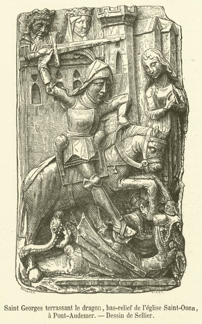 Sint-Joris die de draak verslaat, bas-reliëf van de kerk Saint-Ouen, in Pont-Audemer door French School
