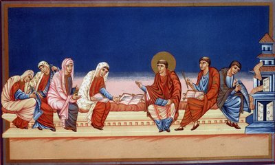 Sint Hiëronymus legt het Evangelie uit aan Eustochia en Paule, 9e eeuw door French School