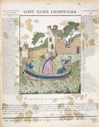 Sint Julianus de Hospitaller roeit reizigers over een rivier, illustratie uit L