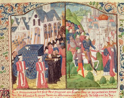 De begrafenis van Sint Lodewijk in Parijs in 1270 en De aankomst van Karel V in Reims in 1364 om gekroond te worden tot koning in de kathedraal, uit een manuscript van de 
