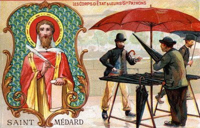 Saint Médard, patroonheilige van parapluverkopers, ca.1910 door French School