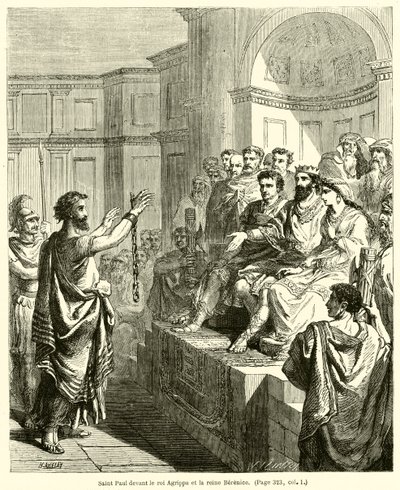 Sint Paulus voor koning Agrippa en koningin Berenice (gravure) door French School