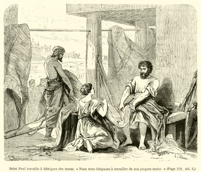 Sint Paulus maakt tenten, "Wij vermoeien ons door met onze eigen handen te werken" (gravure) door French School