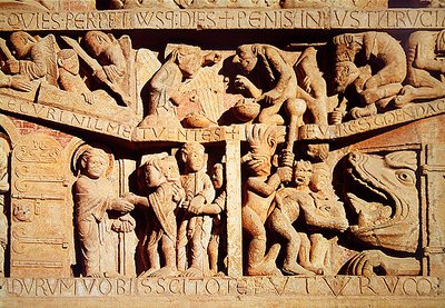 Sint-Pieter ontvangt de gezegenden in de hemel en de verdoemden vallen in de kaken van de hel, detail van het Laatste Oordeel op het Westportaal Tympanum, c.1135 door French School