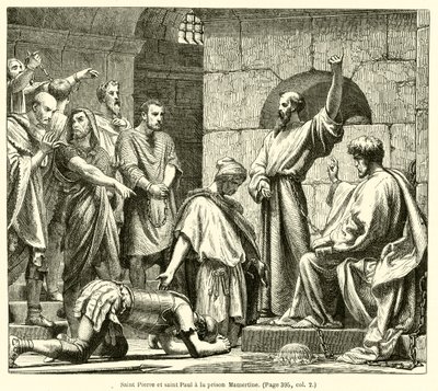Sint Pieter en Sint Paulus in de Mamertijnse gevangenis (gravure) door French School