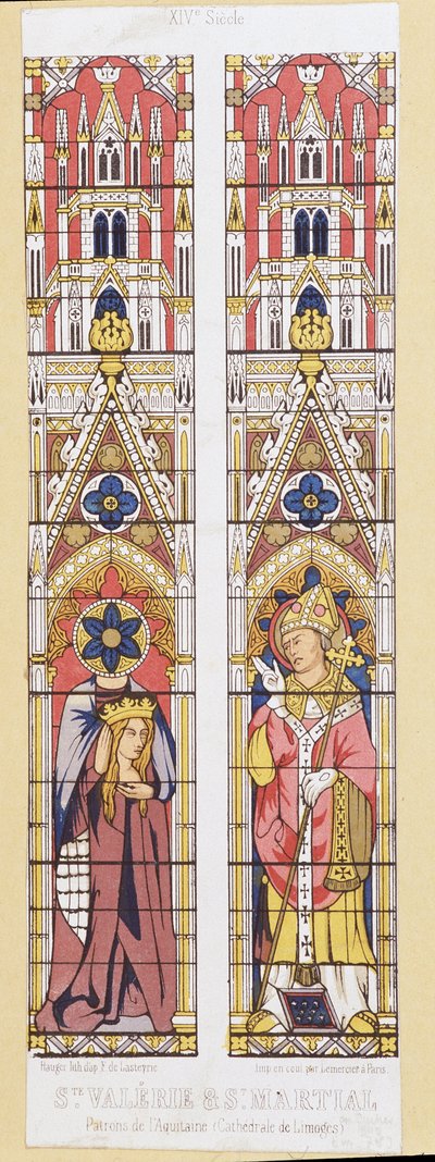 Sint Valerie, maagd en martelaar in Limoges (3e eeuw) en Sint Martial, bisschop van Limoges (3e eeuw), beschermheiligen van Aquitaine. Facsimile die de glas-in-loodramen van de Kathedraal van Limoges reproduceert. door French School