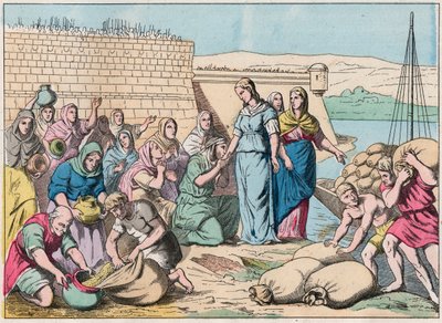 Sainte Genevieve verdeelt voedsel aan de mensen tijdens het beleg van Parijs door het leger van de Hunnen van Attila in 451 (barbaarse invasies) - Sainte Genevieve en de mensen van Parijs - Gravure van het einde van de 19e eeuw in 