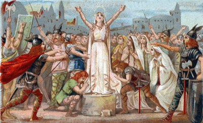 Sainte Genevieve, organiseerde de verdediging van Parijs tegen de Hunnenhorden van Attila en stelde het volk van Parijs gerust in 451. Chromolithografie van het einde van de 19e eeuw. door French School