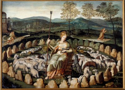Sainte Genevieve, beschermheilige van Parijs, die haar schapen hoedt. Schilderij van de Franse school, uit de kerk van Saint Merri in Parijs door French School