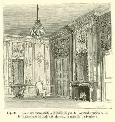 Manuscriptzaal in de bibliotheek van het Arsenaal, voormalig salon van de hertogin van Maine en later van de markies de Paulmy door French School