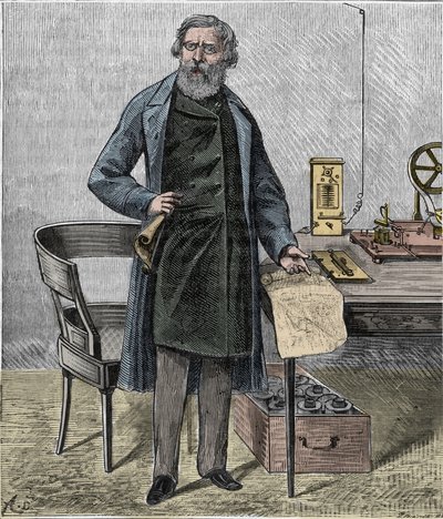 Samuel F B Morse, Amerikaanse kunstenaar en de uitvinder van de Morsecode - Portret van de Amerikaanse uitvinder Samuel Finley Breese Morse (1791-1872) - Gravure in "Wetenschappen binnen het bereik van iedereen - natuurkunde en chemie" door Alexis Clerc -  door French School