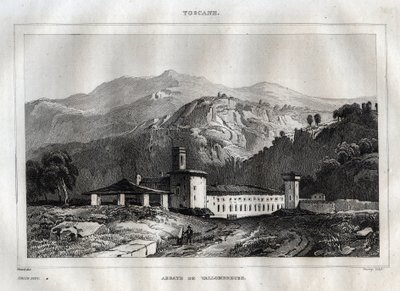 Santa Maria di Vallombrosa Benedictijner abdij gelegen in de gemeente Reggello, in Toscane - Vallombrosa Abdij - Gravure uit "Italy Picturesque" - Historische en Beschrijvende Schildering van Italië" door M. de Norvins, Ch. Nodier 1834-1836. door French School