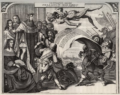 Satirische allegorie over de opheffing van het beleg van Arras in 1654 na de kroning van Lodewijk XIV (1638-1715). Linksonder is koningin Anna van Oostenrijk (1601-1666). Naast Lodewijk XIV staat kardinaal Jules Mazarin (1602-1661). Gravure door French School