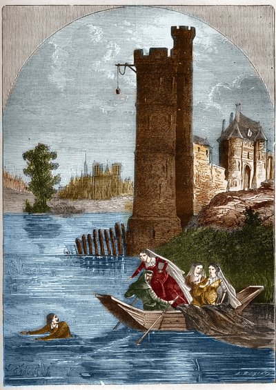 Schandaal (affaire) van de toren van Nesle: Buridan slaagde erin te ontsnappen uit de toren van Nesle in Parijs in 1314 ondanks de hinderlaag van koningin Marguerite van Bourgondië (1290-1315). Gravure in 