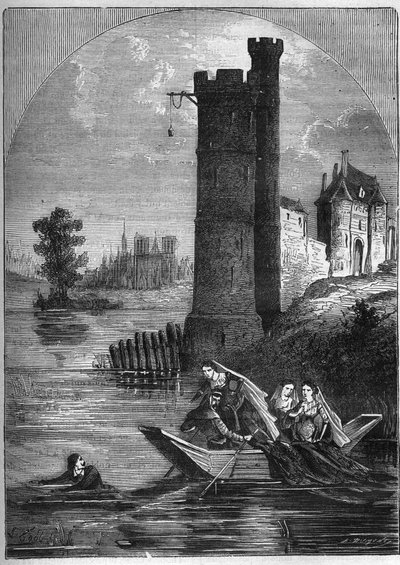 Schandaal (affaire) van de toren van Nesle: Jean Buridan ontsnapte uit de toren van Nesle in 1314 ondanks de hinderlaag van koningin Marguerite van Bourgondië (1290-1315). door French School