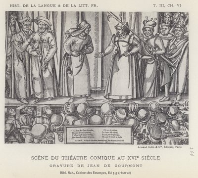 Scène uit het komische theater in de 16e eeuw (litho) door French School