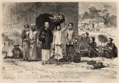 Marktscène in Saigon, gravure naar een tekening van D. Maillard, illustratie van de reis naar Cochinchine, door dokter Morice, in 1872, gepubliceerd in 