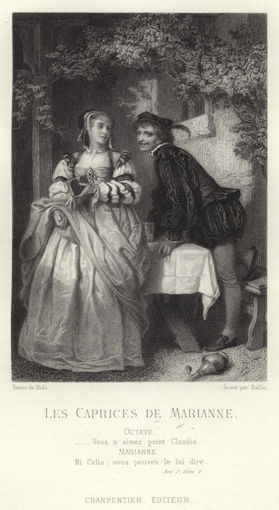 Scène uit Les Caprices de Marianne, een toneelstuk van Alfred de Musset door French School