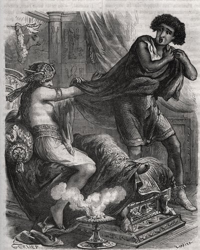 Scène uit de Bijbel: "Ze greep de te deugdzame jongeman bij zijn tuniek". De vrouw van Putiphar probeert Jozef, een slaaf van de farao, te verleiden. Gravure uit 1871 in "Histoire Des Cocus Celebres" door Henry de Kock door French School