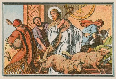 Scène uit het leven van Jezus (gekleurde gravure) door French School