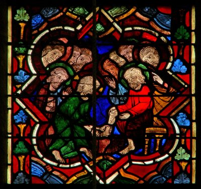 Scène in het oostelijke raam met Christus wast de voeten van zijn discipelen door French School