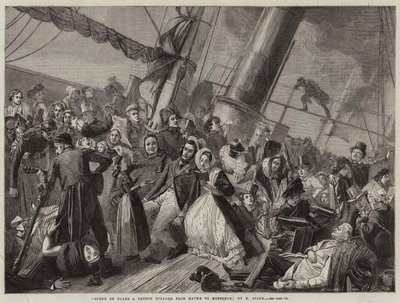 Scène aan boord van een Franse stoomboot van Havre naar Honfleur (gravure) door French School