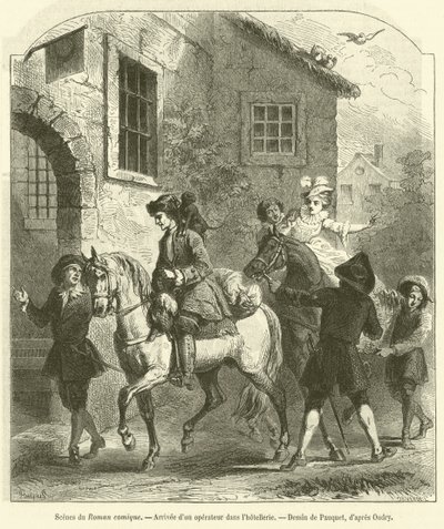 Scènes uit de Roman comique, aankomst van een operateur in de herberg door French School