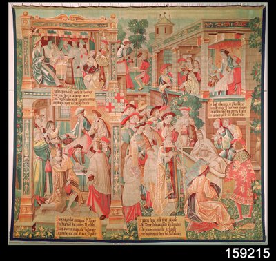 Scènes uit het leven van St. Remigius (d.533) bisschop van Reims: Het wonder van het testament van de rijke man en de opstanding van een dode man, 1531 door French School