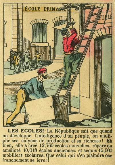 Scholen, illustratie van de voordelen van de Derde Republiek voor de ontwikkeling van het onderwijs in scholen. Gravure in 