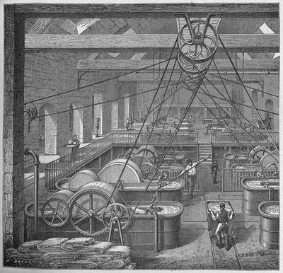 Wetenschap. Papier maken. Kuipen voor lompen (katoenpapier maken). Gravure in: Grands hommes et grands faits de l