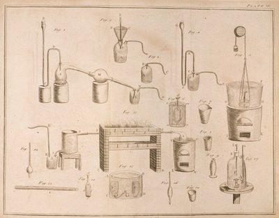 Wetenschappelijke apparatuur, uit The Elements of Chemistry door Antoine Laurent de Lavoisier (1743-94) gegraveerd door D. Lizars, 1796 door French School