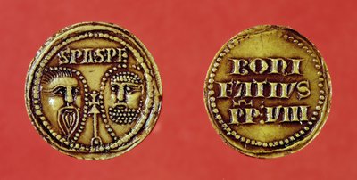 Zegel met de hoofden van St. Paulus en St. Petrus, van een bul van paus Bonifatius VIII, recto en verso, 1295 door French School