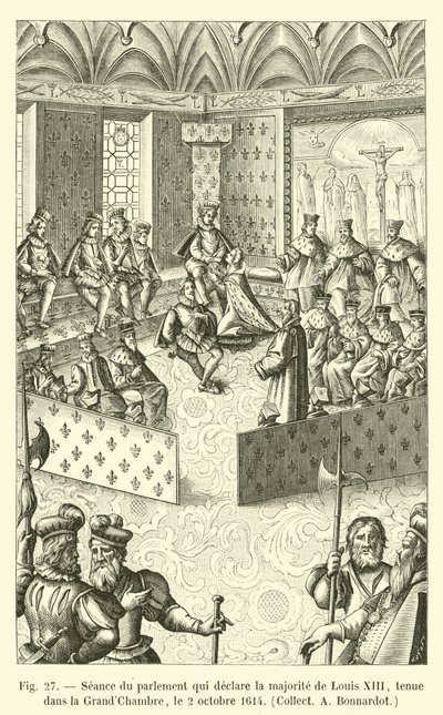 Zitting van het parlement dat de meerderjarigheid van Lodewijk XIII verklaart, gehouden in de Grote Kamer, op 2 oktober 1614, Collectie A. Bonnardot door French School