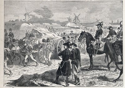 Tweede coalitie: het Franse leger onder bevel van maarschalk Brune versloeg de Engelse troepen van de hertog van York in Nederland, oktober 1799 door French School