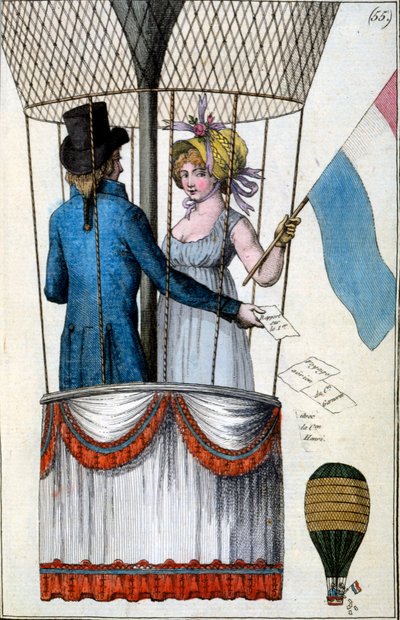 Tweede vlucht van Garnerin met Citoyenne Henri vanuit Parc Monceau, 8 juli 1798, uit Costumes Parisiens, ca. 1798 door French School
