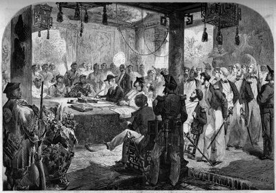 Tweede opiumoorlog tussen Frankrijk en Engeland en China (1858-1860) - ondertekening van het Verdrag van Tianjin (Tientsin) in 1858: Engelse en Franse ambassadeurs Lord Elgin (James Bruce door French School