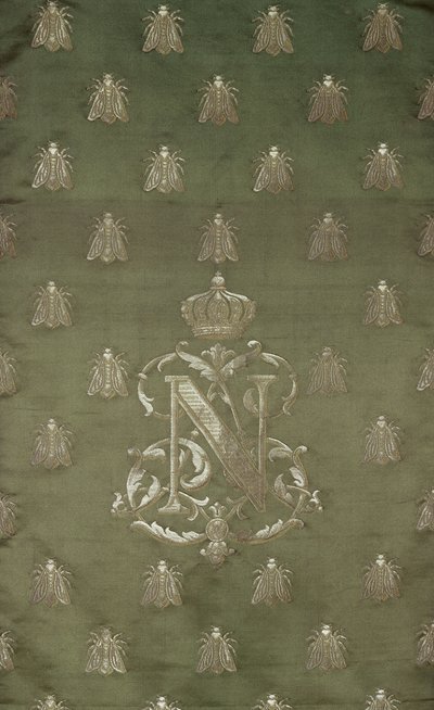Sectie van groene en gouden damast met het embleem en koninklijk wapen van Napoleon III (1808-73) door French School