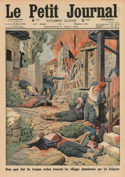 Servische troepen arriveren in de dorpen verlaten door de Bulgaren, voorpagina illustratie uit 