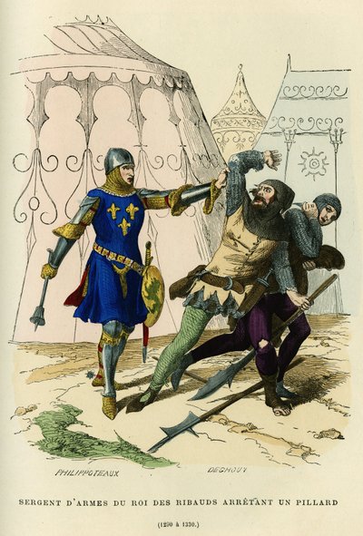 Sergeant-at-arms van de koning van de ribauds (leider van de onregelmatige militie opgericht rond 1189 door Philippe Auguste (of Philippe II van Frankrijk 1165-1223), met bepaalde politiefuncties) arresteert een plunderaar (1290 tot 1330). Kleuren gravure, door French School