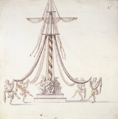 Decorontwerp voor een ballet met zeelieden die rond een mast dansen, uit een collectie getiteld Les Menus Plaisirs du Roi door French School