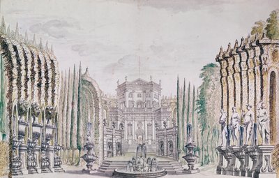 Decorontwerp van een paleis voor een theater, ca. 1660-80 (pen & inkt en wc op papier) door French School