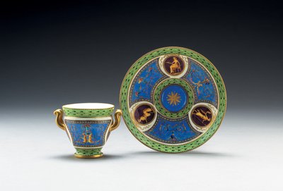 Sevres bleu celeste en lichtgroene grond twee-handled kop en schotel, 1790 door French School
